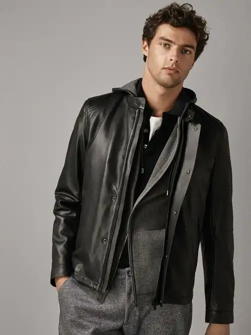 massimo dutti 03309419800 男装 缉线装饰纳帕革黑色真皮夹克