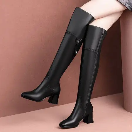 小童马2019冬季新品粗跟方头过膝长靴女真皮加绒高靴高跟女靴子c