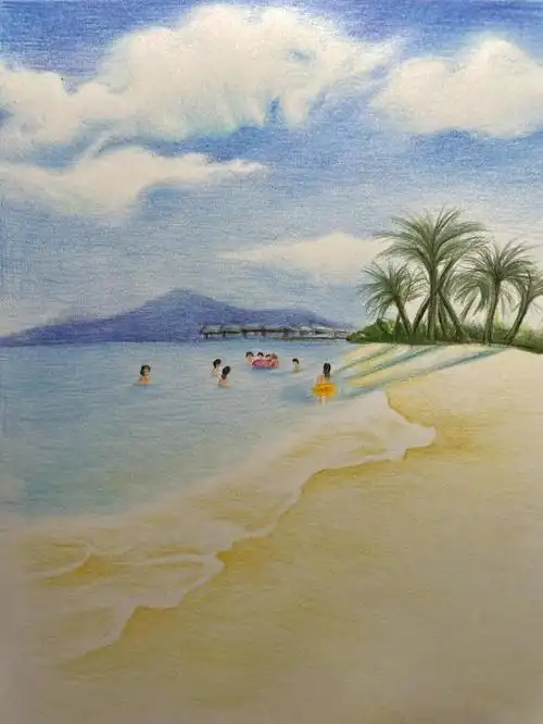彩铅风景蓝色海滨