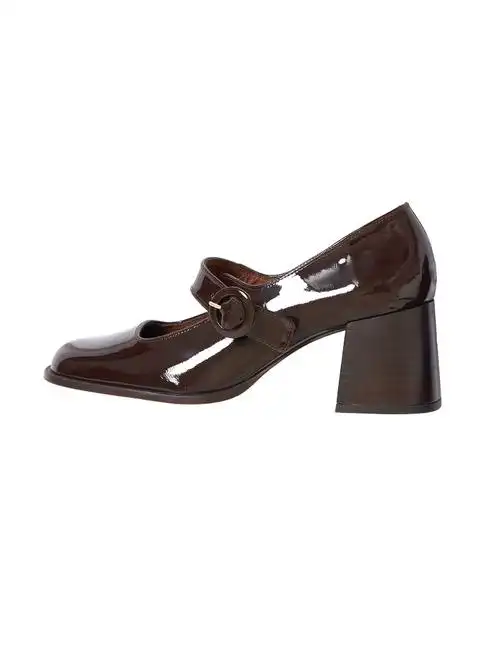 真皮高跟一字扣带方头单鞋女复古法式小皮鞋巧克力色粗跟玛丽珍鞋