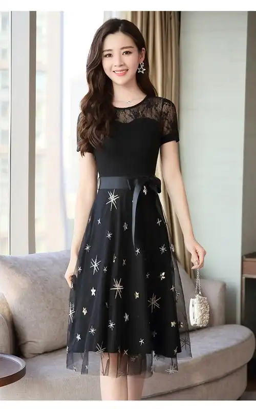 2019夏季新款韩国气质短袖网纱裙子潮中长款潮流女装蕾丝连衣裙女