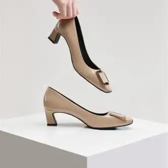 rv女鞋粗跟方扣单鞋5厘米轻奢名媛商务礼仪气质百搭职业高跟鞋裸色34