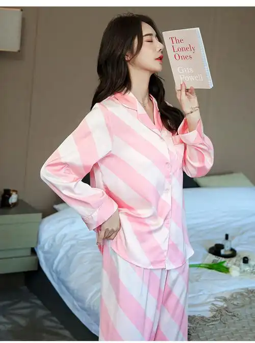 莫代尔杭州真丝睡衣女夏季长袖长裤印花开衫丝绸两件套丝绸家居服201