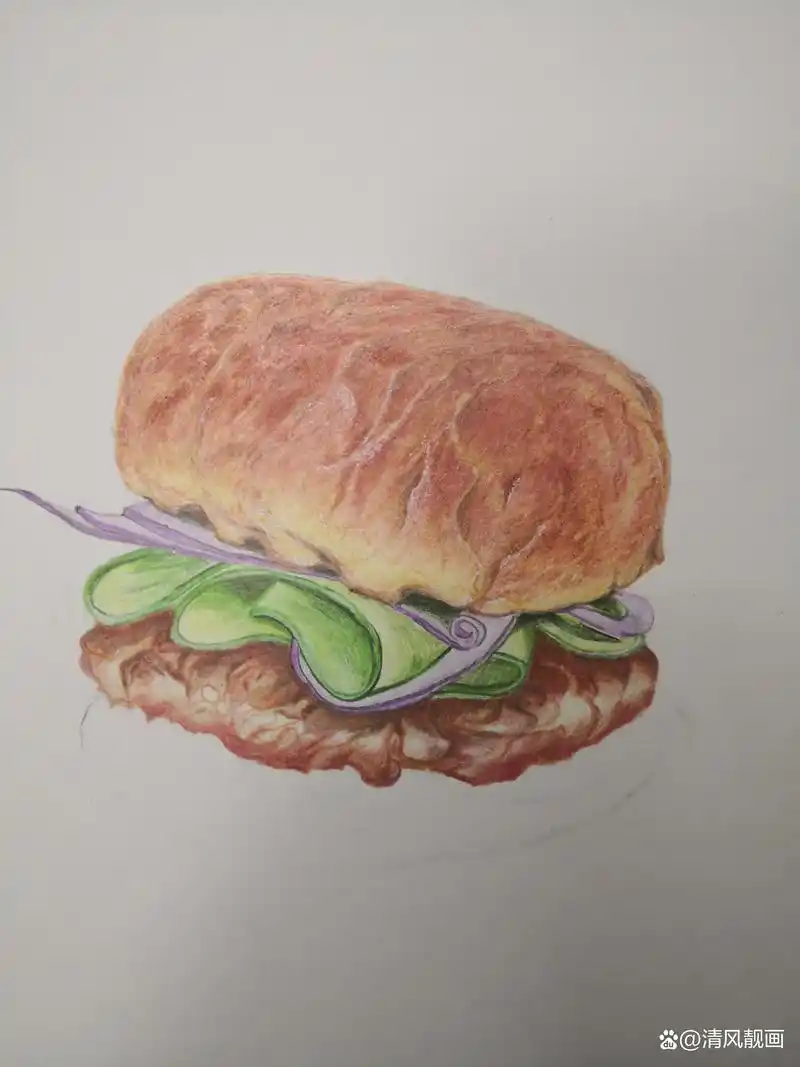 彩铅画牛肉面包的详细上色线稿步骤