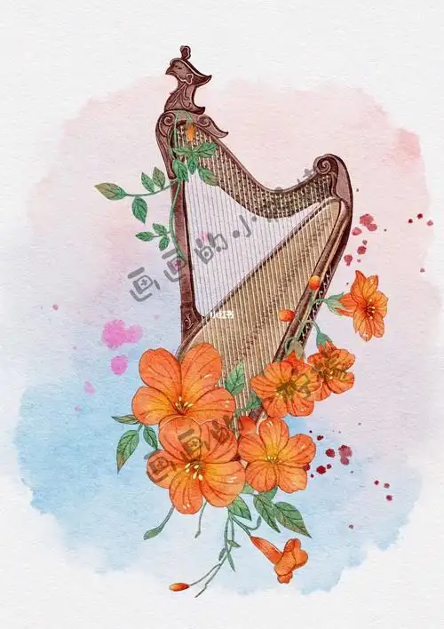 原创乐器插画/箜篌凌霄花