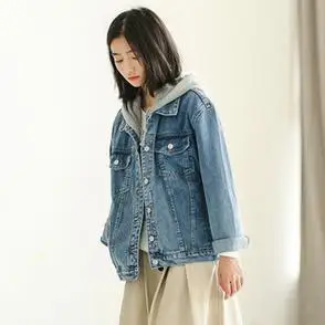 春秋女夹克新款宽松连帽外套做旧季牛仔衣慵懒水洗bf风短款