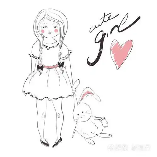 可爱的女孩与辫子穿着礼服和兔子向量例证插画-正版商用图片14xxwp-摄