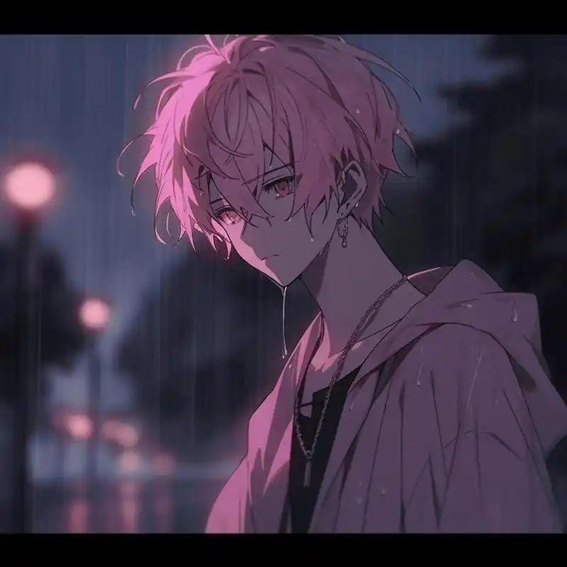 动漫男头 雨中少年粉发