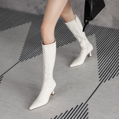 欧洲站2021白色高筒靴子尖头细跟长靴女真皮高跟弹力瘦瘦靴单靴夏