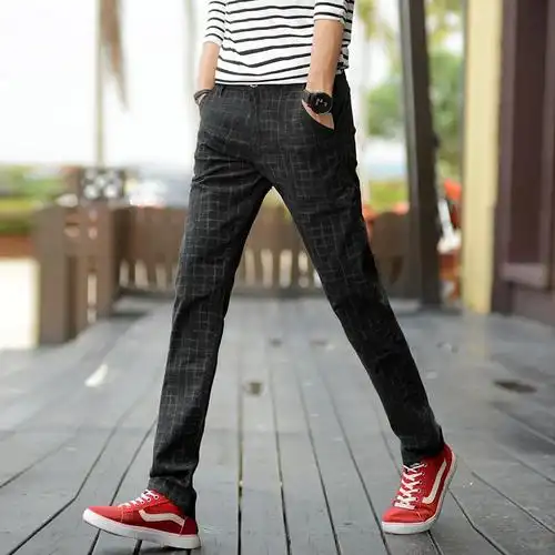 秋季修身男裤子弹力格子男士小脚休闲裤直筒