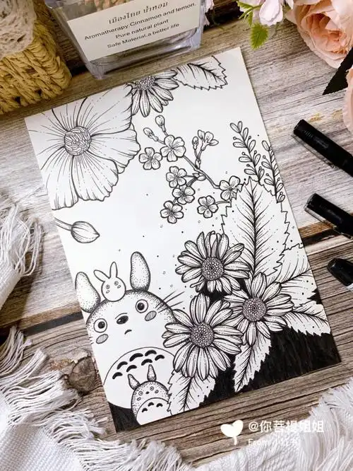 黑白线描针管笔画创意线描龙猫有线稿