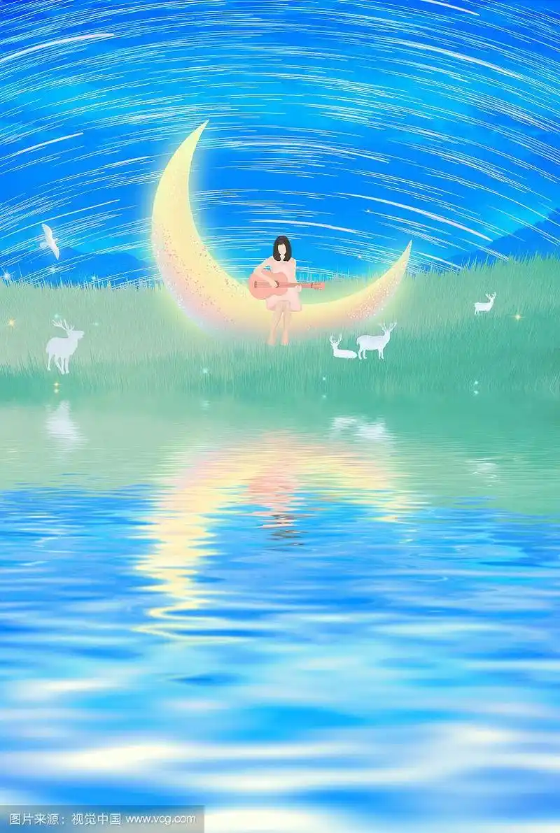 夜晚蓝色星空下流星划过,少女坐在月亮旁弹吉他插画背景海报