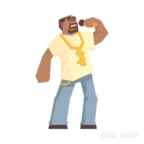 非洲男歌手字符拿着麦克风,嘻哈说唱歌手卡通矢量图