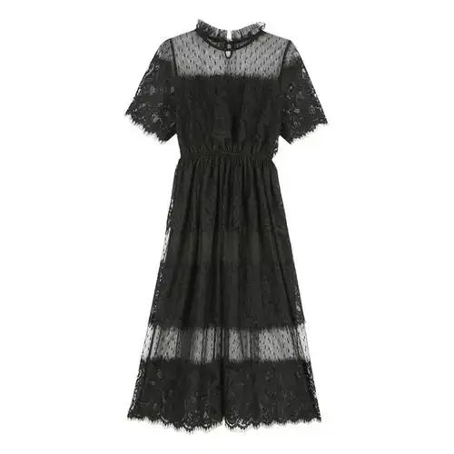 2024新款 夏季 网纱收腰显瘦中长款 蕾丝连衣裙chic温柔超仙女裙子女