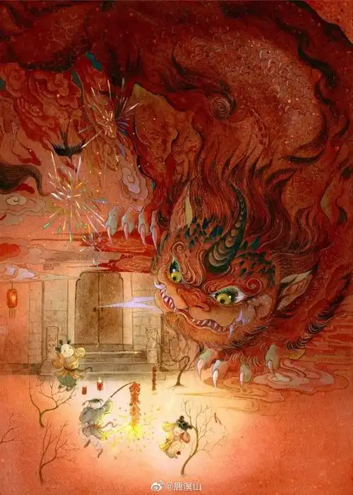 「打年兽」明天就是大年30啦,画了一张打年兽的图,这个年兽看起来有点