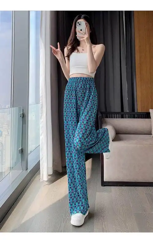 大码女装高腰直筒休闲裤子女新款褶皱垂感阔腿裤 - 17网