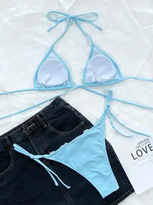 绑带性感分体游泳衣清纯少女花边三角比基尼沙滩比基尼