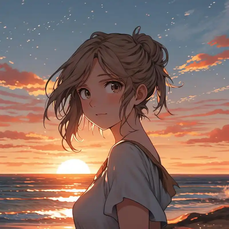 93日落下的女生头像99 日落时分,阳光洒在她的脸上,映衬出那份