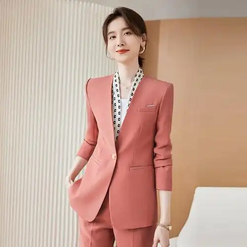 新款春秋桃红色套装西装套裙职业装时尚两件套通勤西装裙修身半裙
