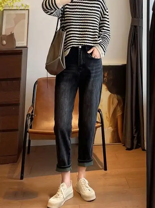 秋款大码女装哈伦牛仔裤女春季胖高腰mm显瘦裤子梨形身材遮胯粗腿