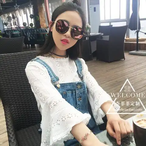 清仓钱夫人雪梨定制同款韩版镂空白色喇叭袖雪纺衫女七分袖打底衫