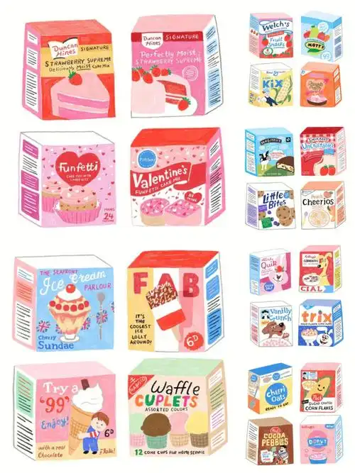 美食插画糖果色零食包装盒