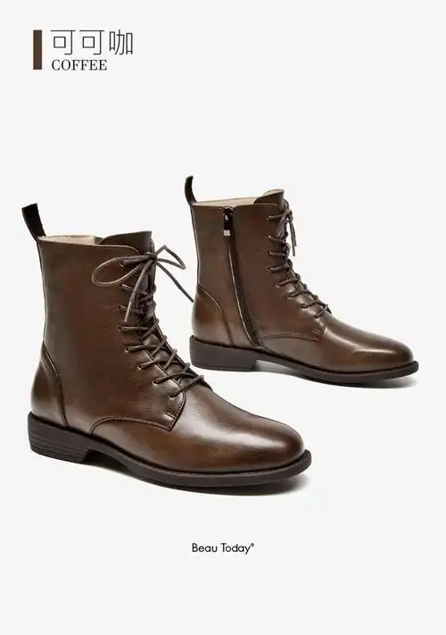 beautoday时装靴女2020秋冬新款英伦风靴子平底粗跟女鞋马丁靴女经典