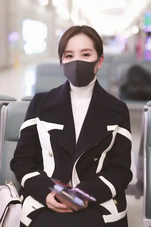 刘诗诗今日机场图,黑色外套内搭白色高领毛衣