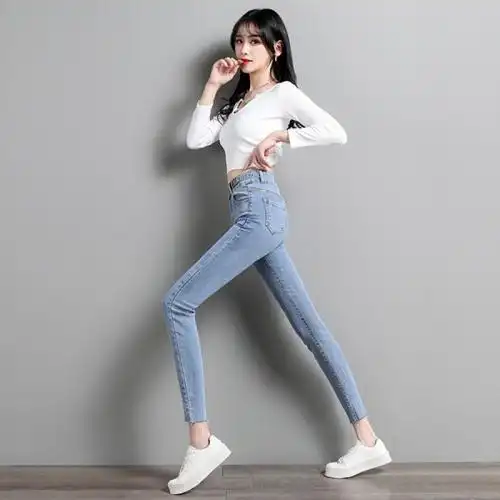 晗亦然牛仔裤女春季长裤2021新款高腰显瘦弹力紧身九分小脚裤子8677