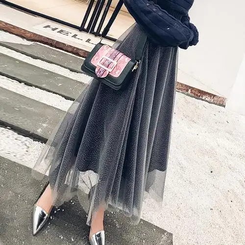 高腰网纱半身裙女中长款2018春装新款韩版百搭时尚半身长裙百褶裙蓝色