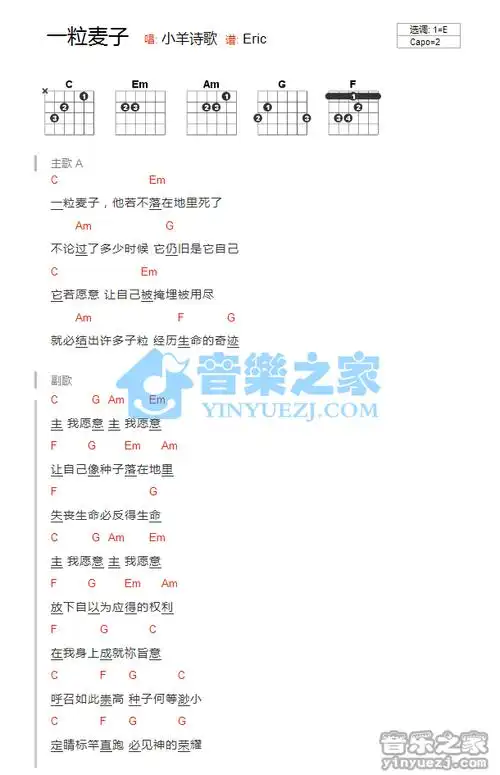 e调版 小羊诗歌《一粒麦子》吉他和弦弹唱谱_吉他谱_简谱_尤克里里