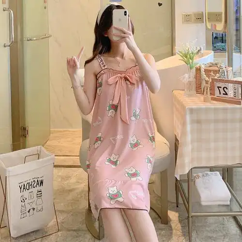 睡裙女夏季韩版性感睡衣女中长款短袖露肩吊带裙可外穿宽松连衣裙