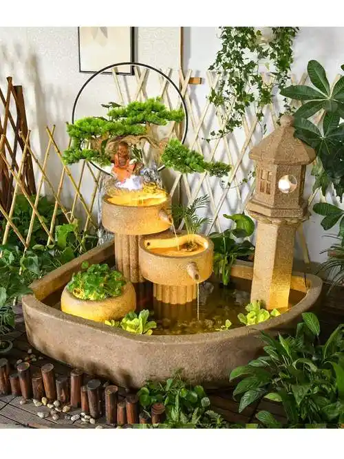 田园日式户外阳台微景观鱼池装饰流水庭院子花园布置假山造景喷泉