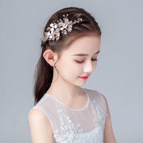 儿童头饰女童发饰公主头花韩式女孩发卡边夹花朵发夹花童演出金色