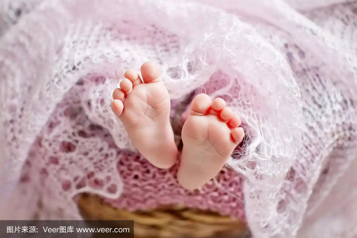 特写照片上的新出生的婴儿脚上的粉红色格子