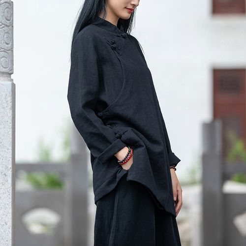 复古棉麻太极服女上衣 斜襟盘扣中长款太极拳练功服武术服外套