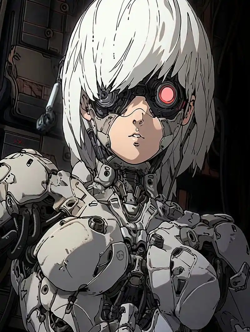 一组赛博朋克化的义体角色插画,有攻壳机动队的风格,by midjourney.