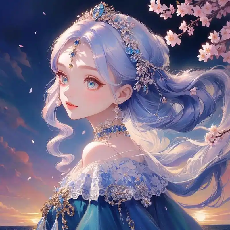 动漫头像|美少女公主樱花 白发蓝色系仙女