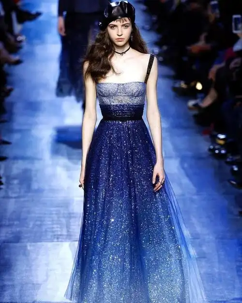 2018欧美娜韩新款实拍闪亮蓝色星空亮片裙礼服裙渐变抹胸连衣裙