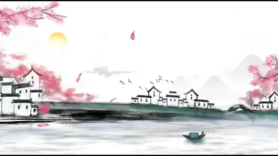 4k山水水墨江南桃花背景视频