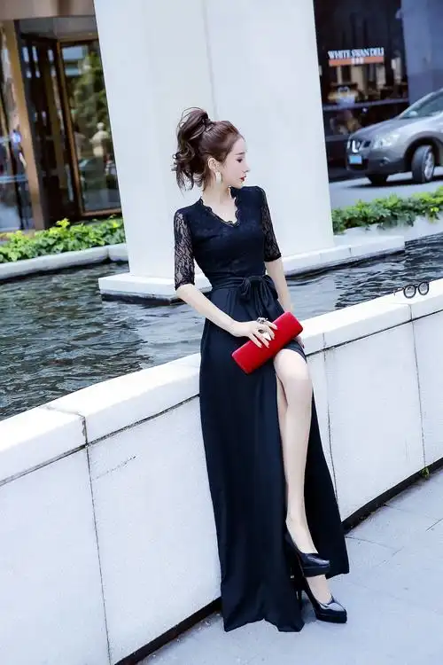 打底连衣裙_新款深v领开叉长裙欧美名媛女装性感收腰礼服 - 阿里巴巴