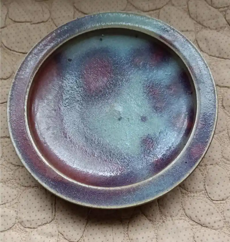 宋金时期天青色挂红斑钧瓷出沿盘底足外撇高336直径1782底径76cm