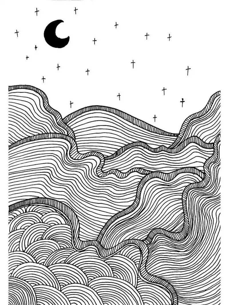 夜晚的山体黑白装饰画原创附线稿 每日打卡线条 黑白装饰画 控笔训练