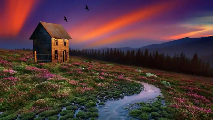 自然,房子,树林,水,鸟儿,鲜花,风景桌面壁纸图片