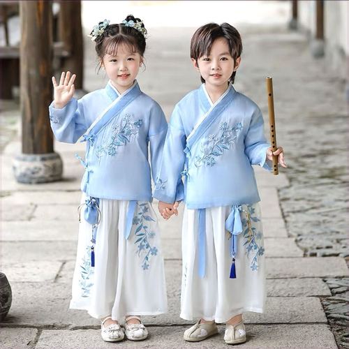 学生长袖汉服古装表演服男女宝宝兄 长袖男女同款套装蓝色长袖拍大一