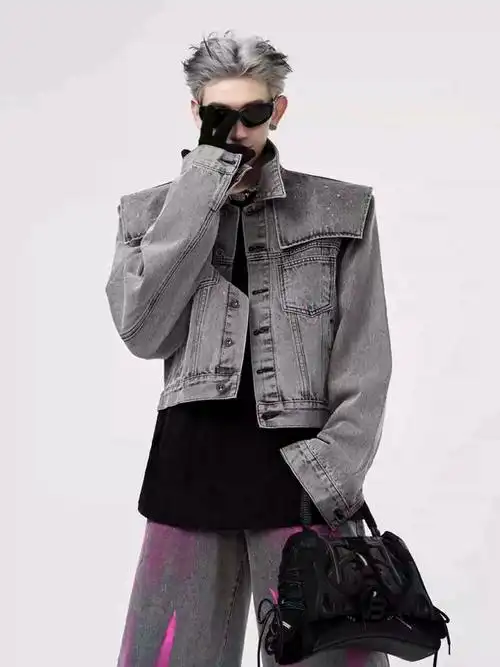 假两件设计感牛仔外套男美式高街废土风复古短款泼墨灰色夹克潮