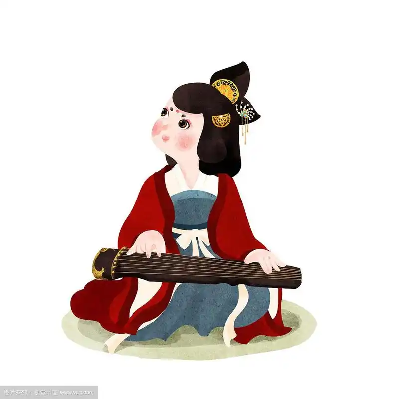 坐在地上弹古琴的红衣蓝裙唐朝美人插画