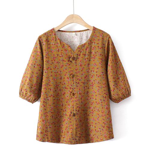 中老年妈妈五分袖纯棉t恤女宽松大码奶奶中袖小碎花棉麻夏季上衣