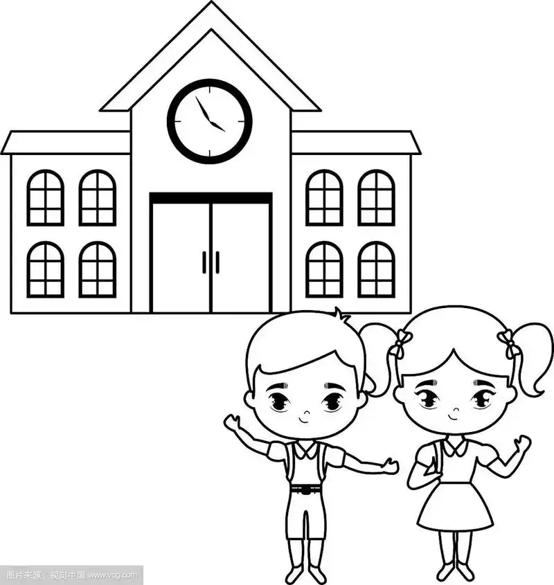 可爱的小学生在前面的学校