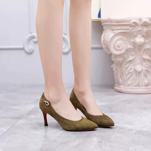 军绿色羊猄皮真皮水钻尖头细高跟百搭工作通勤女鞋子单鞋d68-3
